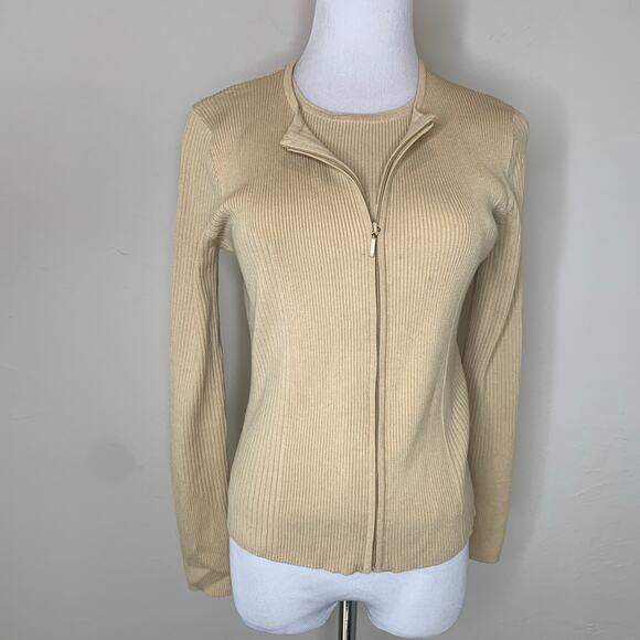 Tan Ribbed Sweater Set Shell and Zip Front Cardigan Sz Small - Picture 3 of 7